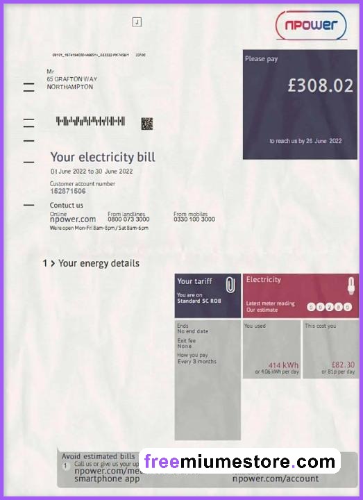 Npower UK Utility Bill PSD Template Download